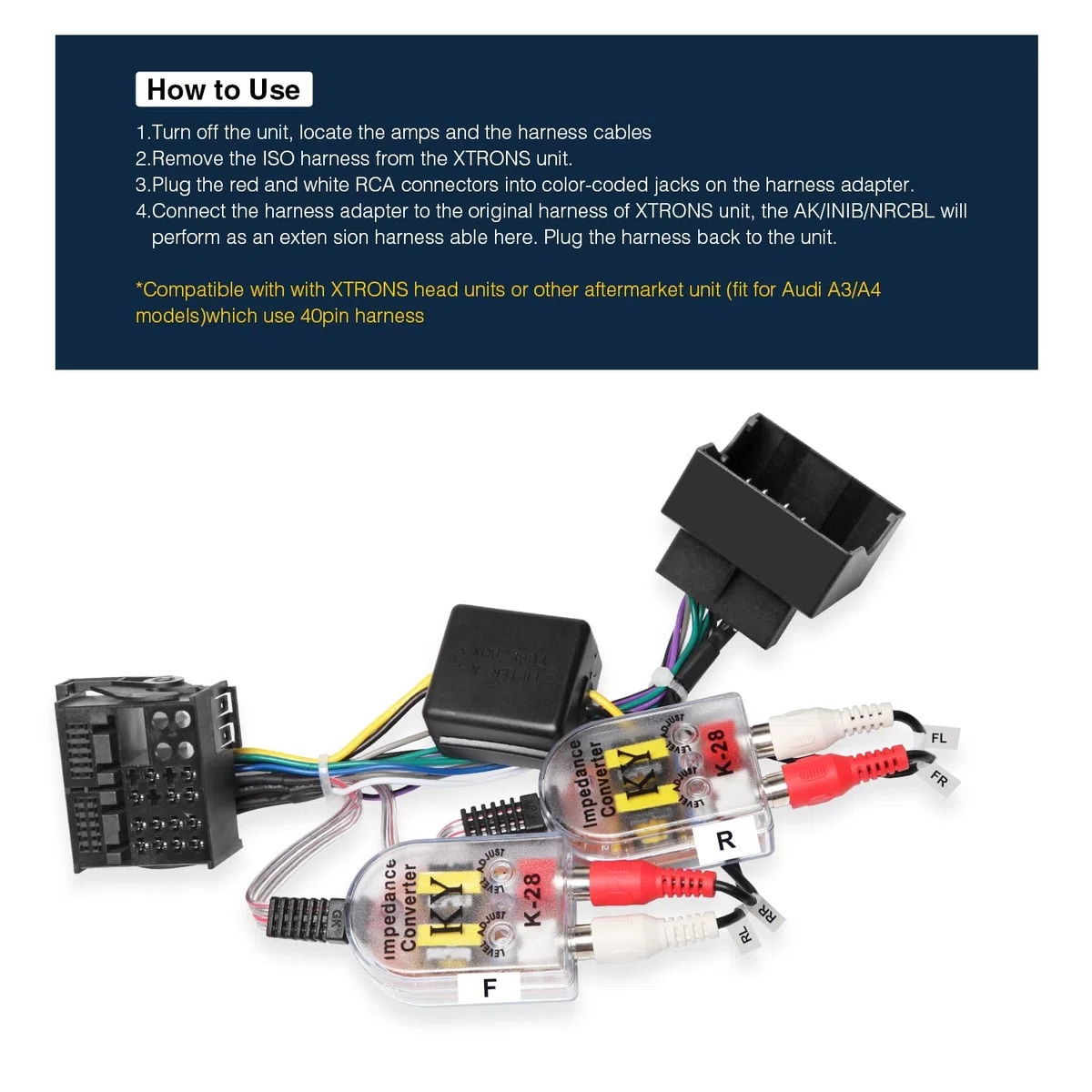 XTRONS Cavo adattatore per cablaggio ISO per auto, con convertitore ad impedenza da alta a bassa, lettore radio stereo Android compatibile con Au-di A3 A4