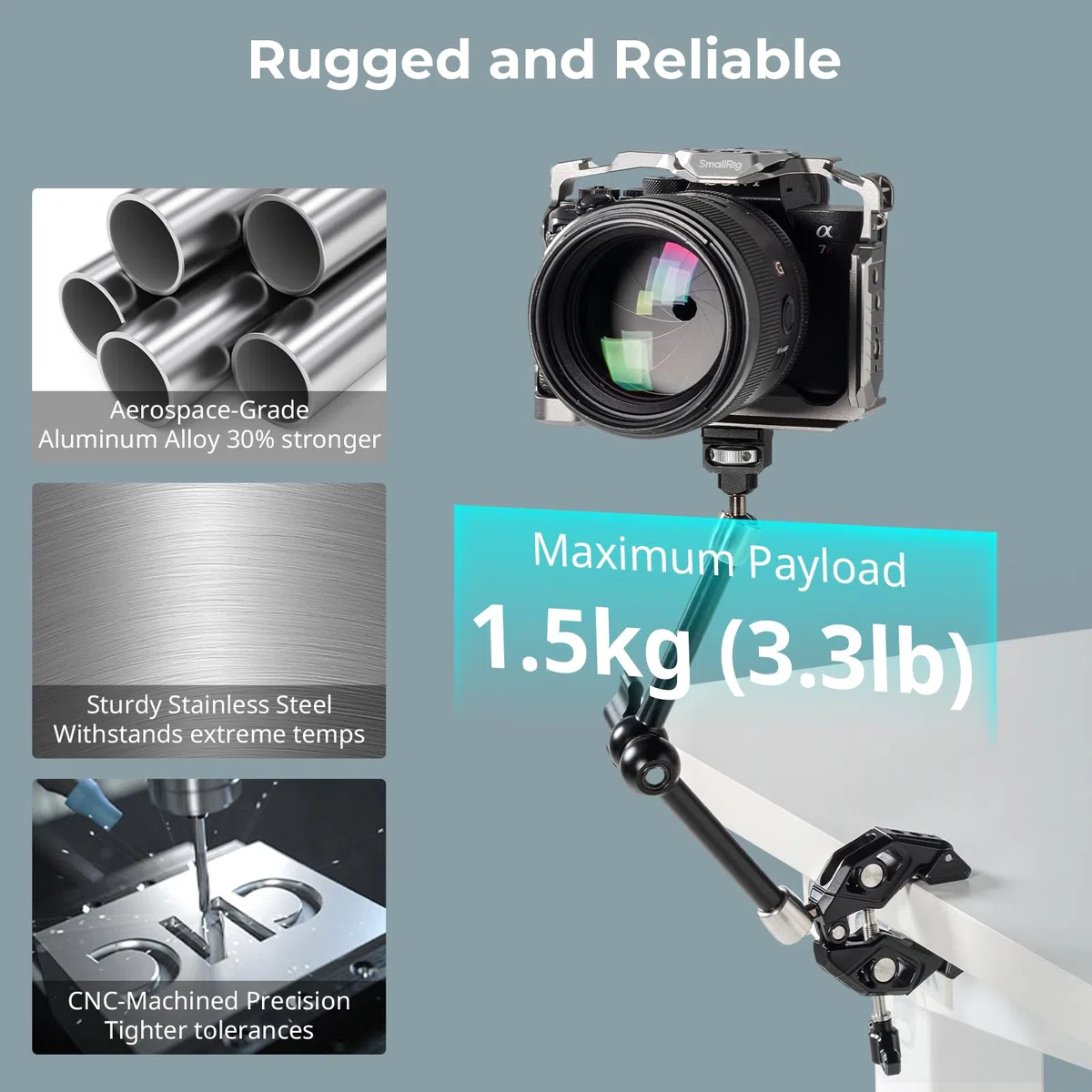 SMALLRIG Magic Arm Crab Claw Morsetto, con perno retrattile anti-deflessione, capacità di carico 1,5 kg per GoPro/per Insta360 / per DJI Action/per DSLR/per Light/per monitor/per telefono - 5312