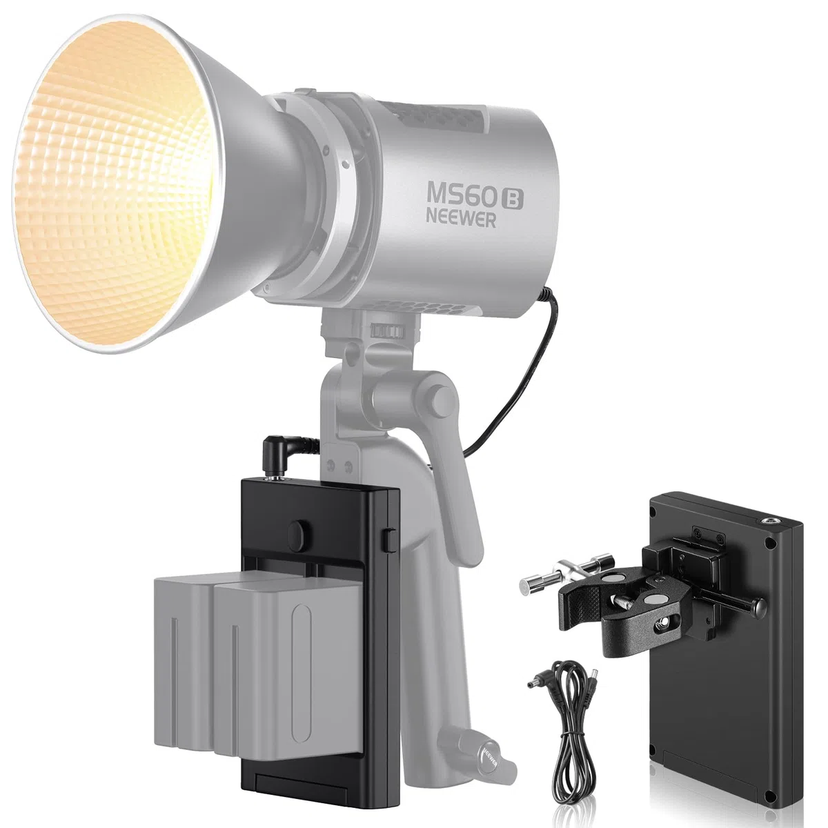 NEEWER Adattatore da Batteria NP-F a Batteria con Attacco a V per Luce Video LED con Supporto per Palo Super Clamp, Piastra Doppio Canale Compatibile con Sony npf F970 F750, Cavo DC 5,5x2,5mm, PS010E