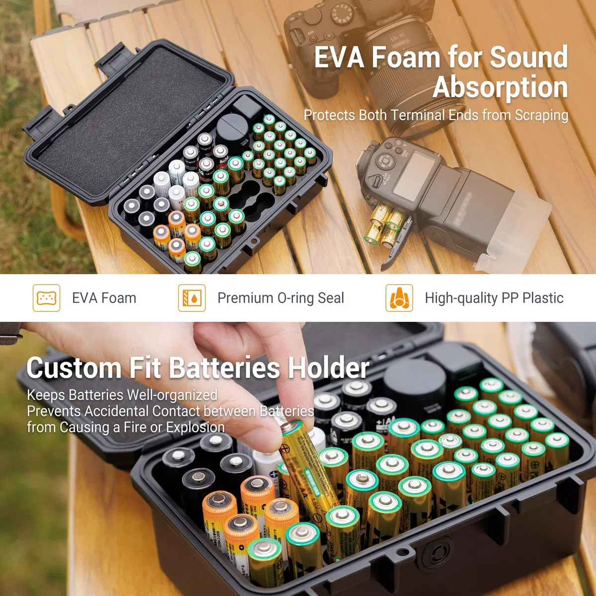 KIWIFOTOS Valigetta per la Conservazione delle Batterie con Tester per Batterie, Organizzatore Robusto per Batterie per 30 Slot AA, 18 Slot AAA, 10 Slot per Batterie a Bottone