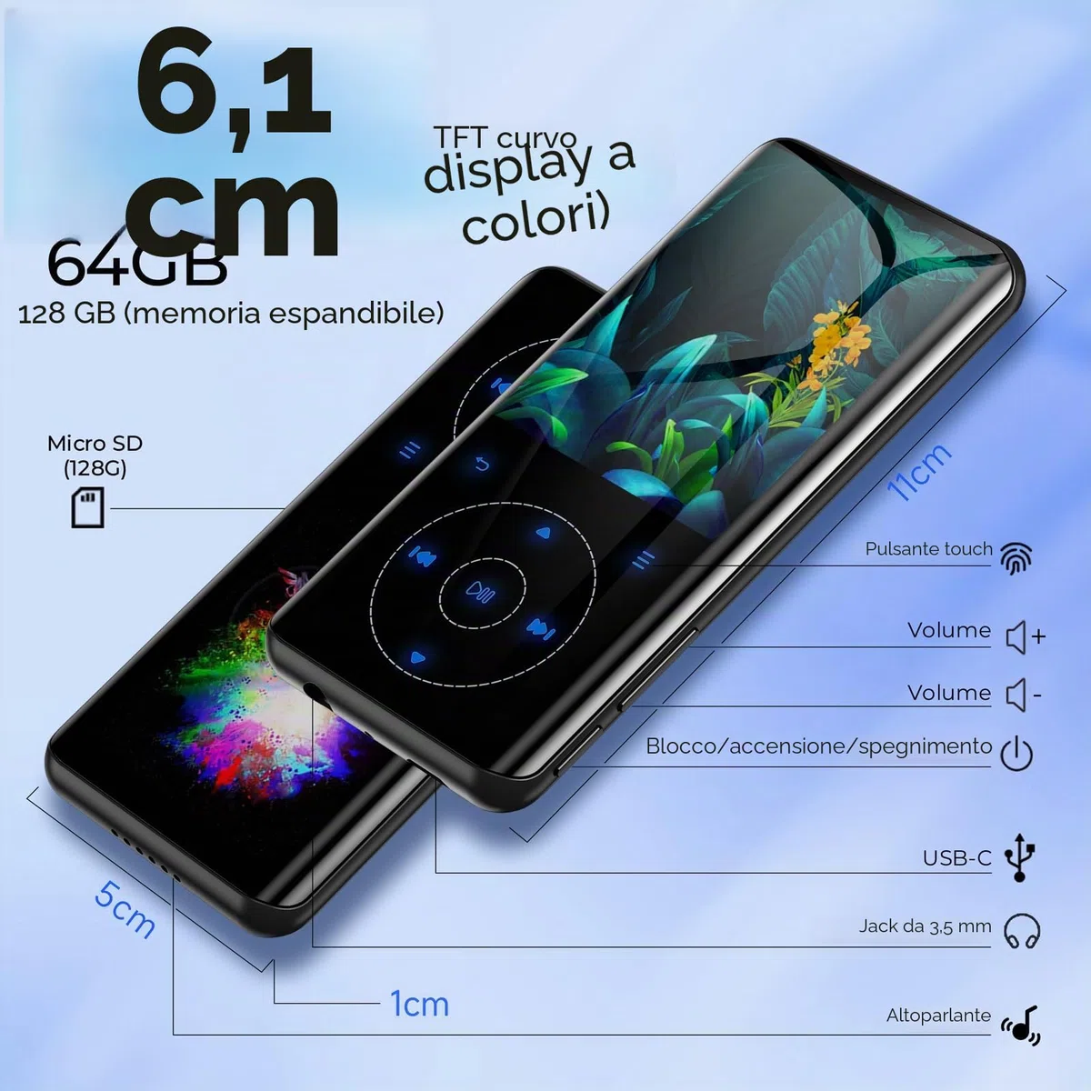 64GB Lettore MP3 Bluetooth, HiFi Music Lossless Sound, custodia in metallo con altoparlante HD incorporato, pulsante a sfioramento, registratore vocale per sport, espandibile fino a 128GB (64G)