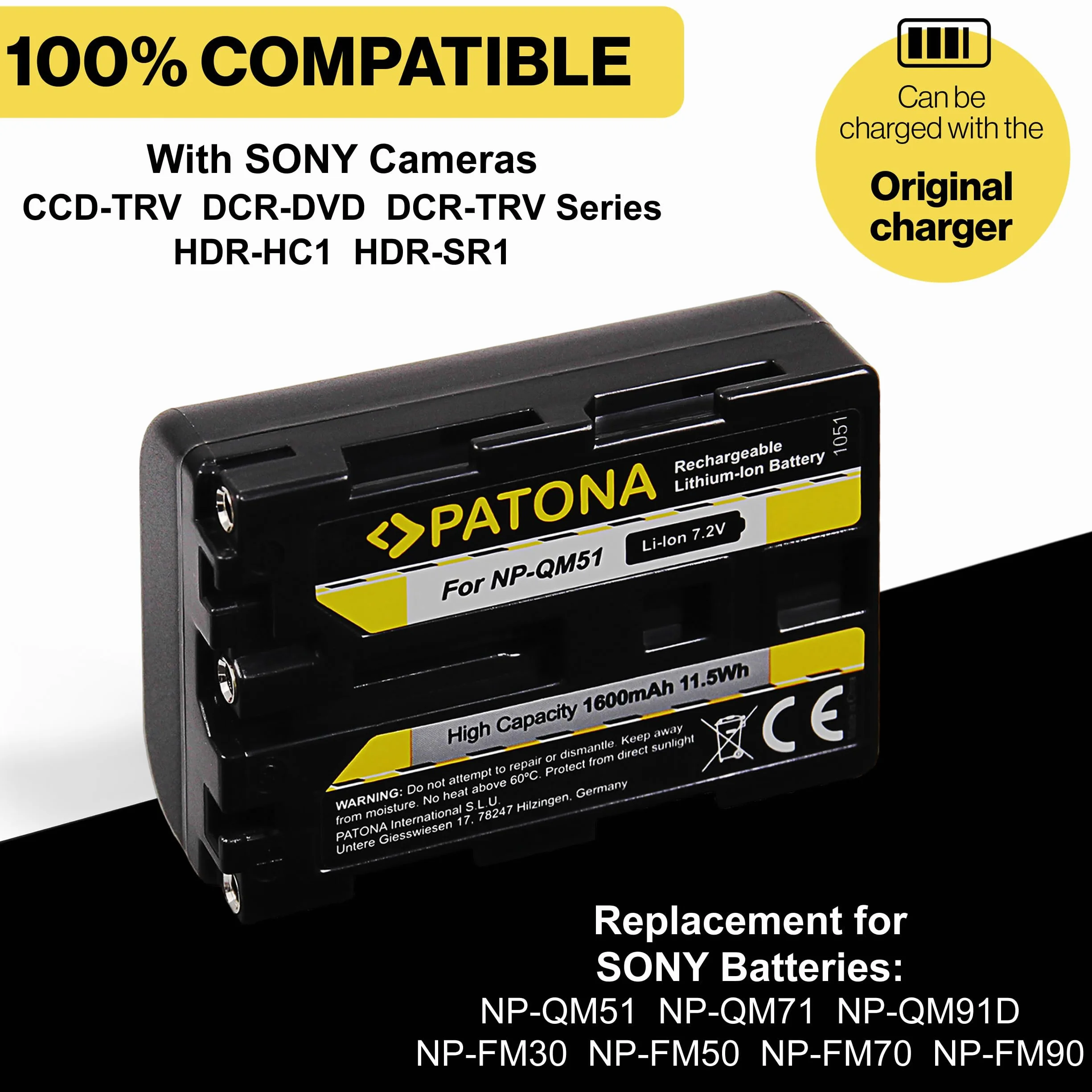 PATONA 2x NP-FM50 NP-QM51 Batteria 1600mAh compatibile con Sony Camcorder NP-FM30 FM50 FM70 FM90 QM51D QM71D QM91D CCD-TRV106K 108 116 128 DCR-DVD91 100 200 DCR-HC14 TRV6 TRV8 NPFM50 QM51 FM50