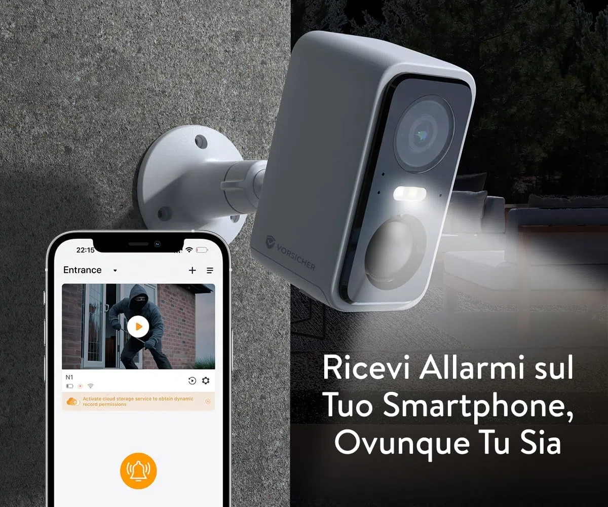 Telecamera Wi-Fi 2K · Esterno IP65, Senza Fili, Batteria Rimovibile 5200mAh, Visione Notturna a Colori 30m, AI Locale, Audio Bidirezionale, App Italiana, Marchio Italiano