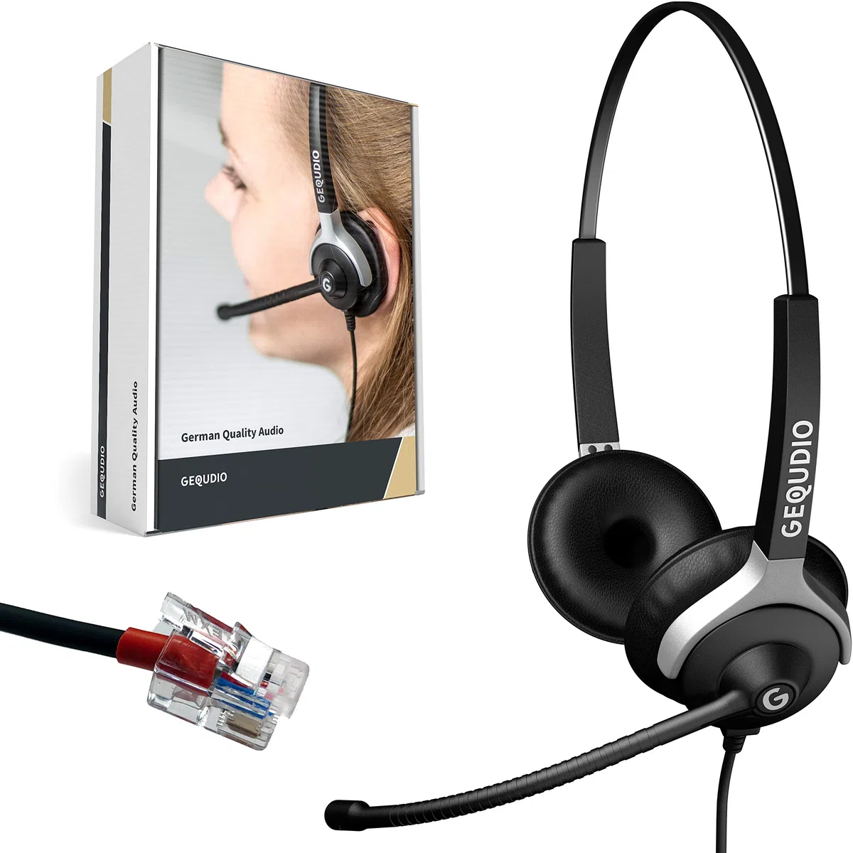 GEQUDIO Cuffie telefoni adatto a Yealink, Snom, Avaya e Grandstream telefono con connettore RJ - Cuffie e microfono Cuscinetti di ricambio - 80g di peso (2-altoparlanti)