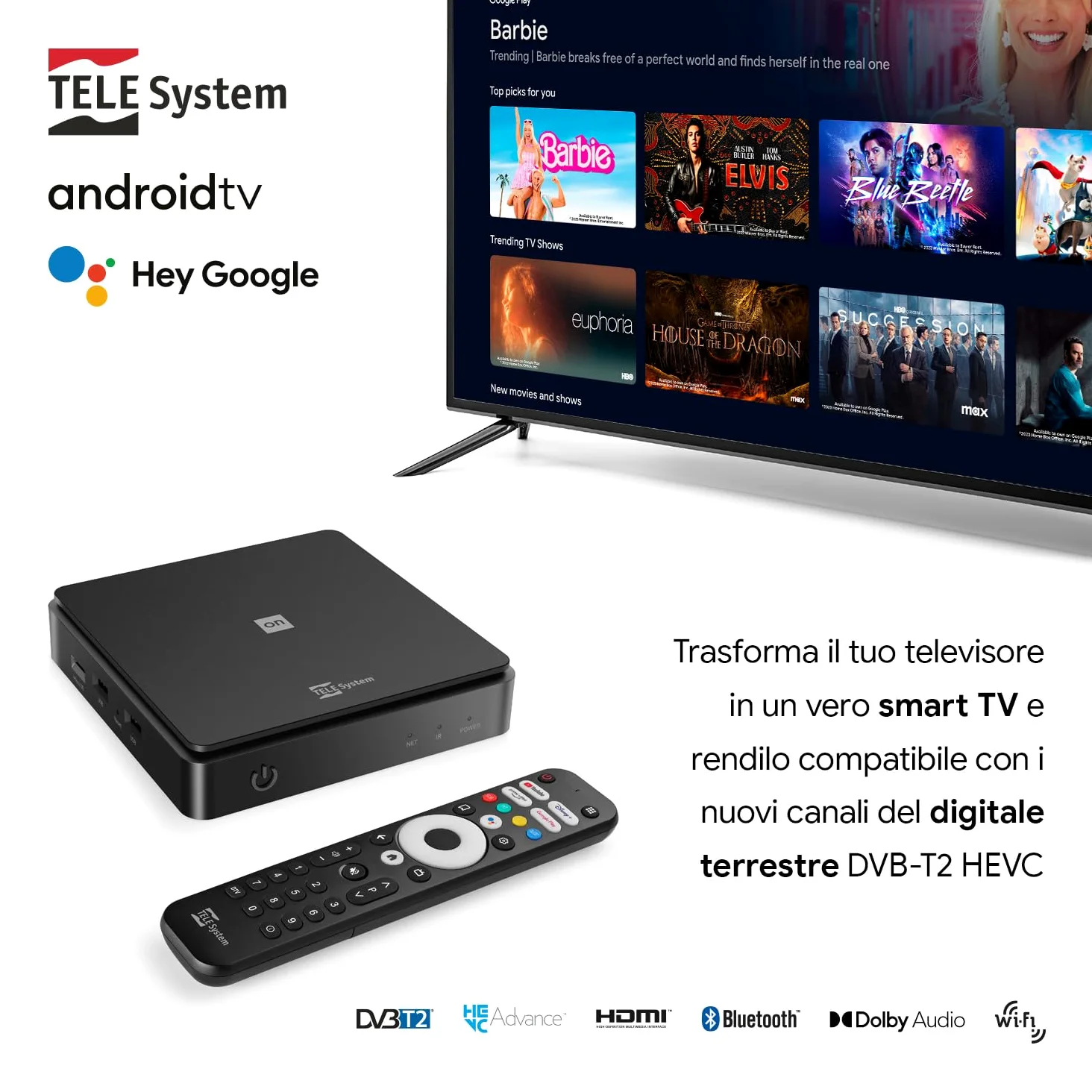 TELE System ON T2 HD: Decoder digitale terrestre Android TV, Smart TV Upgrade, Tuner DVB-T2 HEVC HDR10+HLG, HDMI, SCART Adapter Incluso - Certificato Google