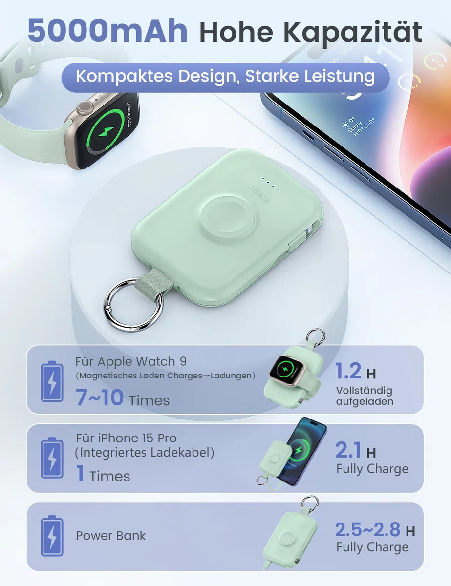 RORRY Power Bank, batteria esterna da 5000 mAh con cavo integrato, per iPhone 17/16/15/14/13/12, Apple Watch Ultra/11/10/9/8/7/6/SE, verde
