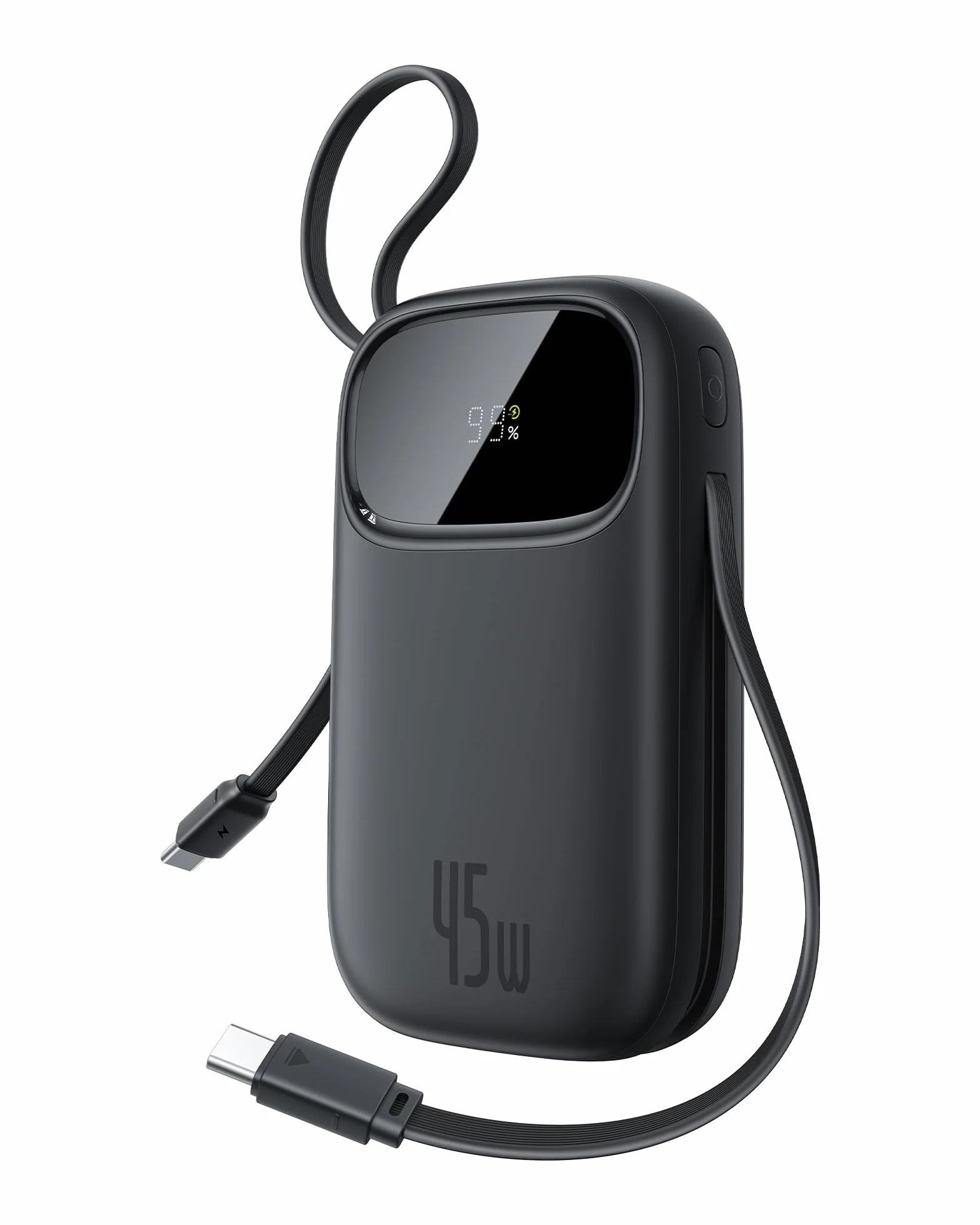 Baseus Powerbank 45W 20000mAh con 2 Cavi USB-C Integrati, Ricarica Rapida Power Bank PD3,0 QC4,0, 3 C 1 A, Caricatore Portatile per iPhone 17/16/15 Pro Max, iPad, Samsung, Nero