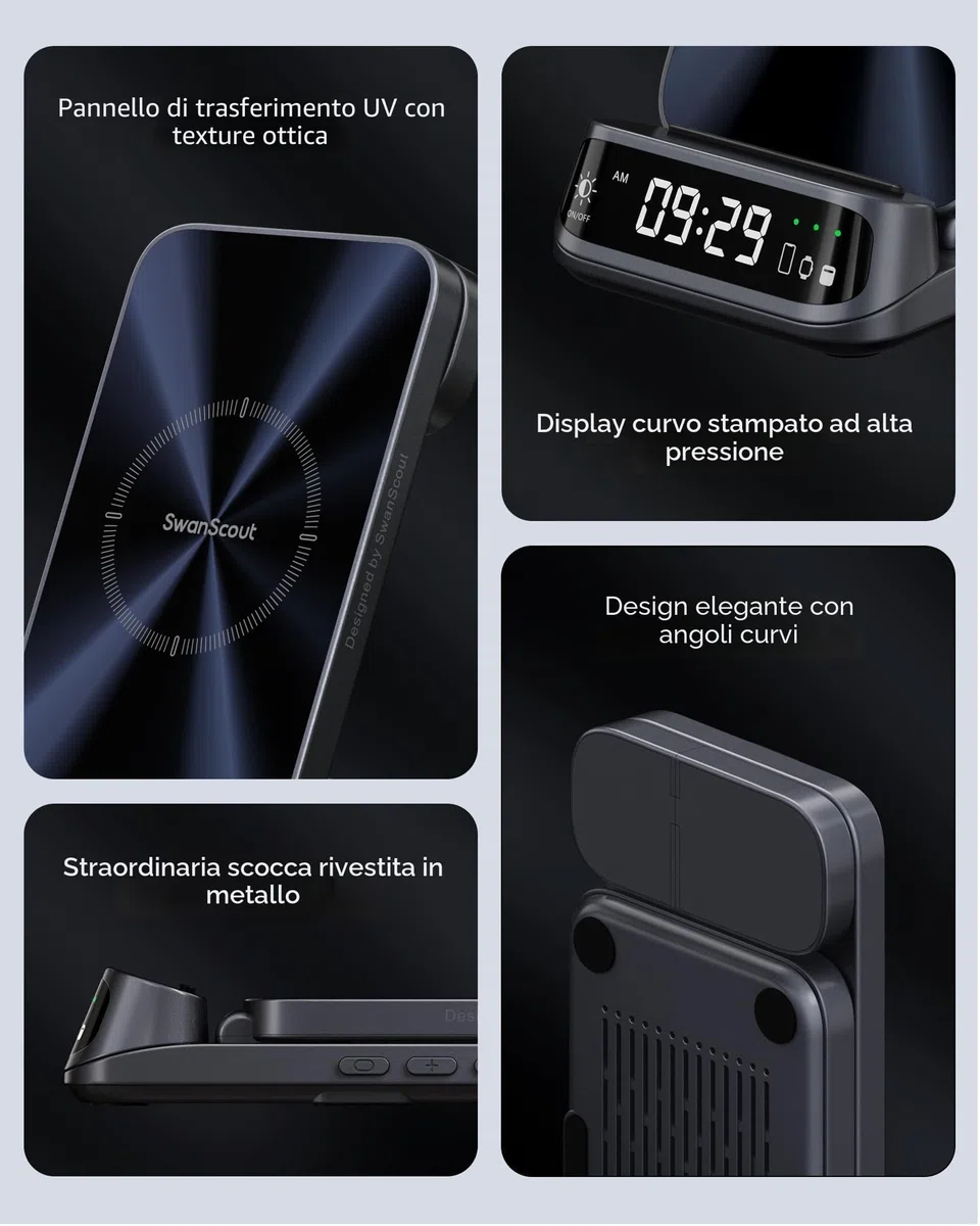 SwanScout Caricatore Wireless per iPhone, Stazione di Ricarica 3 in 1 per iPhone 17/Air/16/15/14/13/12, Base Ricarica per Apple Watch Ultra 3/11/10/9/8, per AirPods, SwanScout 708A (Senza Adattatore)