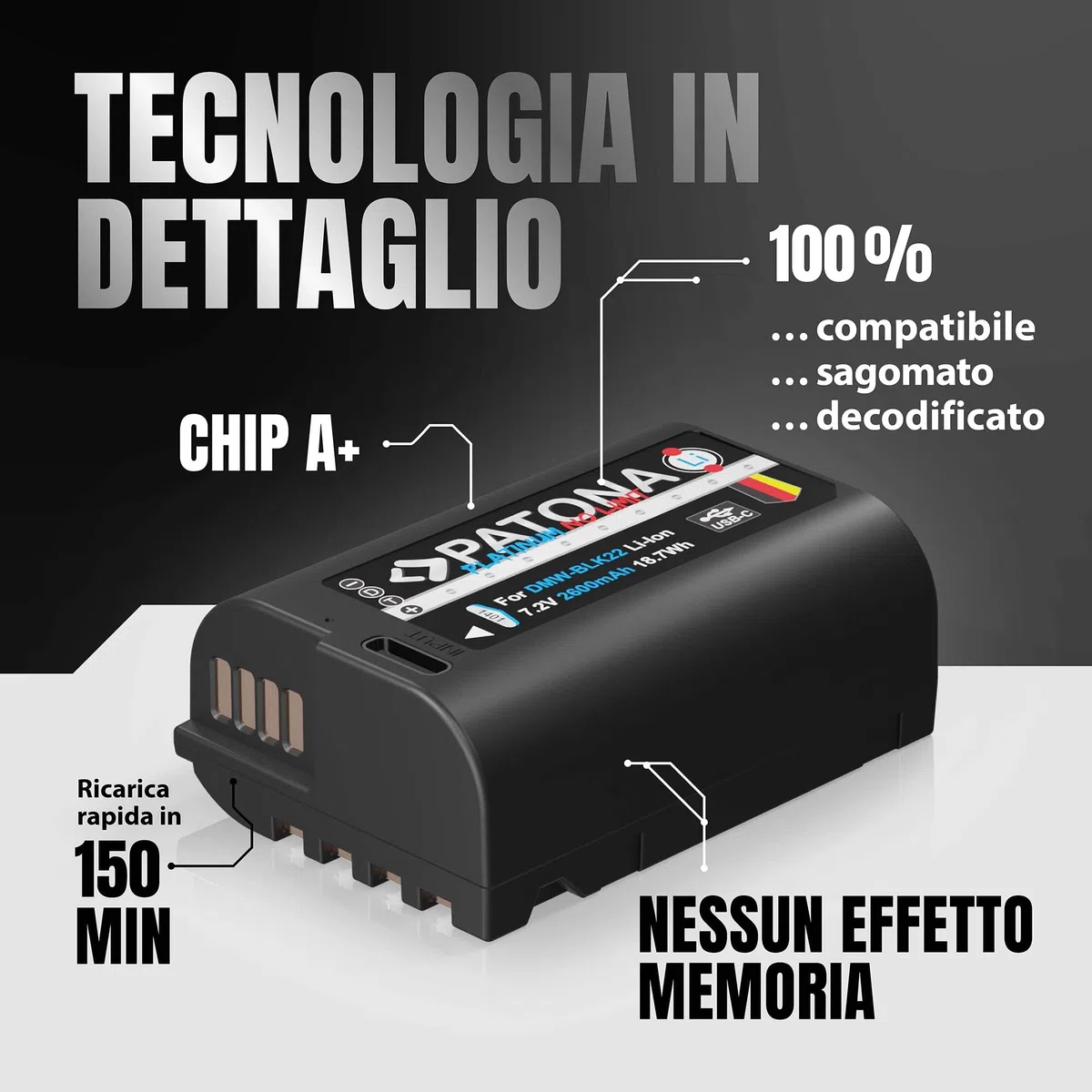 PATONA Platinum DMW-BLK22 Batteria 2600mAh con USB-C – ricambio per Panasonic DMW-BLK22 – per Lumix S5 II/IIX S5 S9, G9 II, GH5 II GH5S, GH6, GH7 – si ricarica via cavo, ideale per video 4K/6K