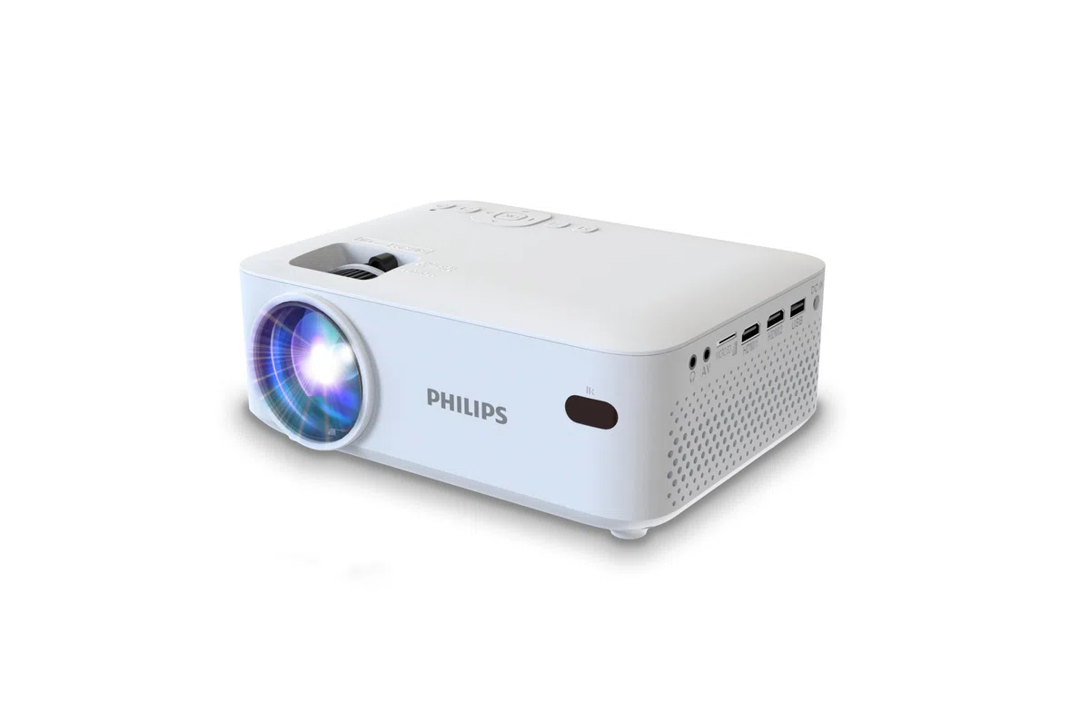 Philips NeoPix 100, Videoproiettore Fisso, Schermo da 65" (165 cm), LED, Altoparlanti Stereo Hi-Fi Incorporati, Connettività USB, HDMI e Cavo Jack da 3,5mm, Compatto, Bianco