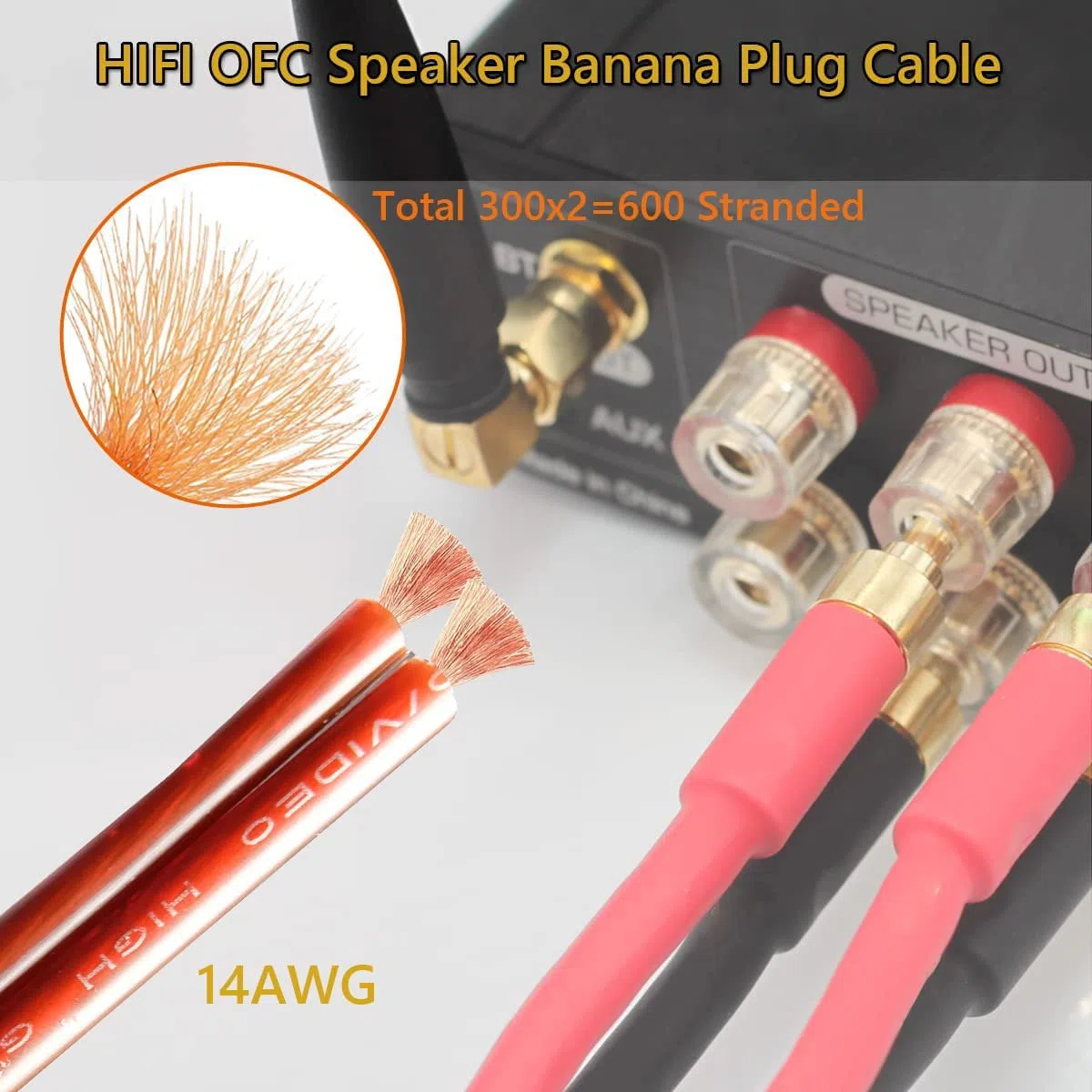 WF - 2 cavi a banana HIFI OFC in rame puro di alta qualità, spina a banana dorata da 2 m, maschio a maschio, 600 fili, 14 AWG, per altoparlanti audio, sistema home theater HIFI (2 m)