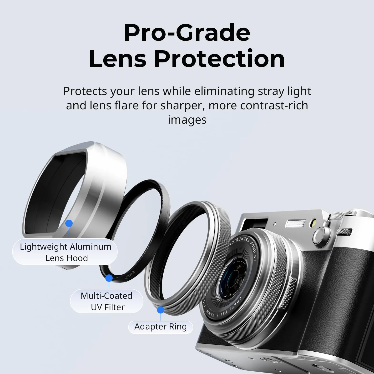 SMALLRIG Kit filtro UV con paraluce per FUJIFILM X100VI / X100V, filtro UV con trasmissione luminosa del 99%, anti-riflesso e anti-ghosting, paraluce in lega di alluminio, argento - 5851