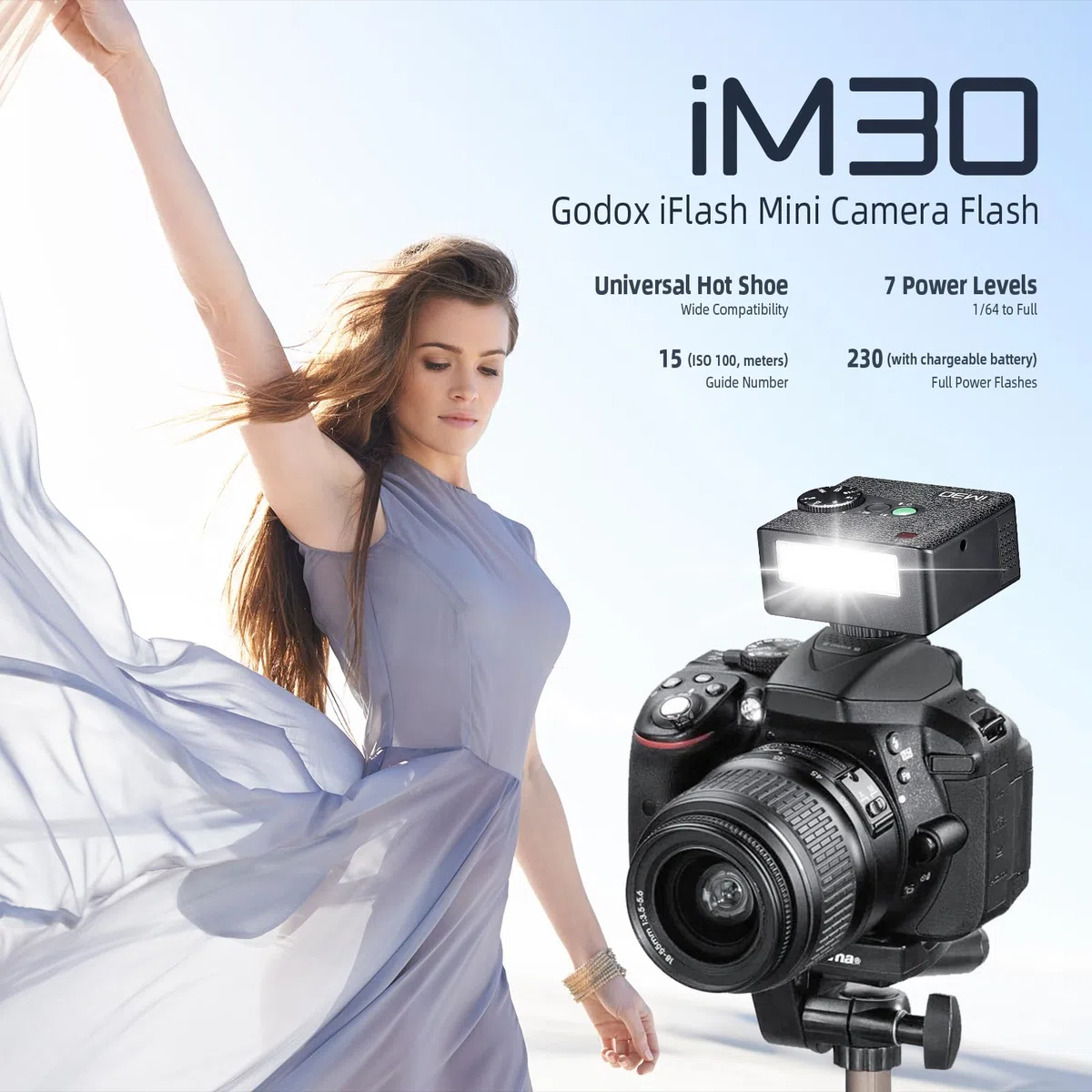 GODOX iM30 Mini Flash GN15 CCT 6500K Tempo di Riciclo 3.6s iFlash con 7 Livelli Potenza, On-Camera Flash Speedlite per Sony Canon Nikon Fuji Olympus Fotocamere