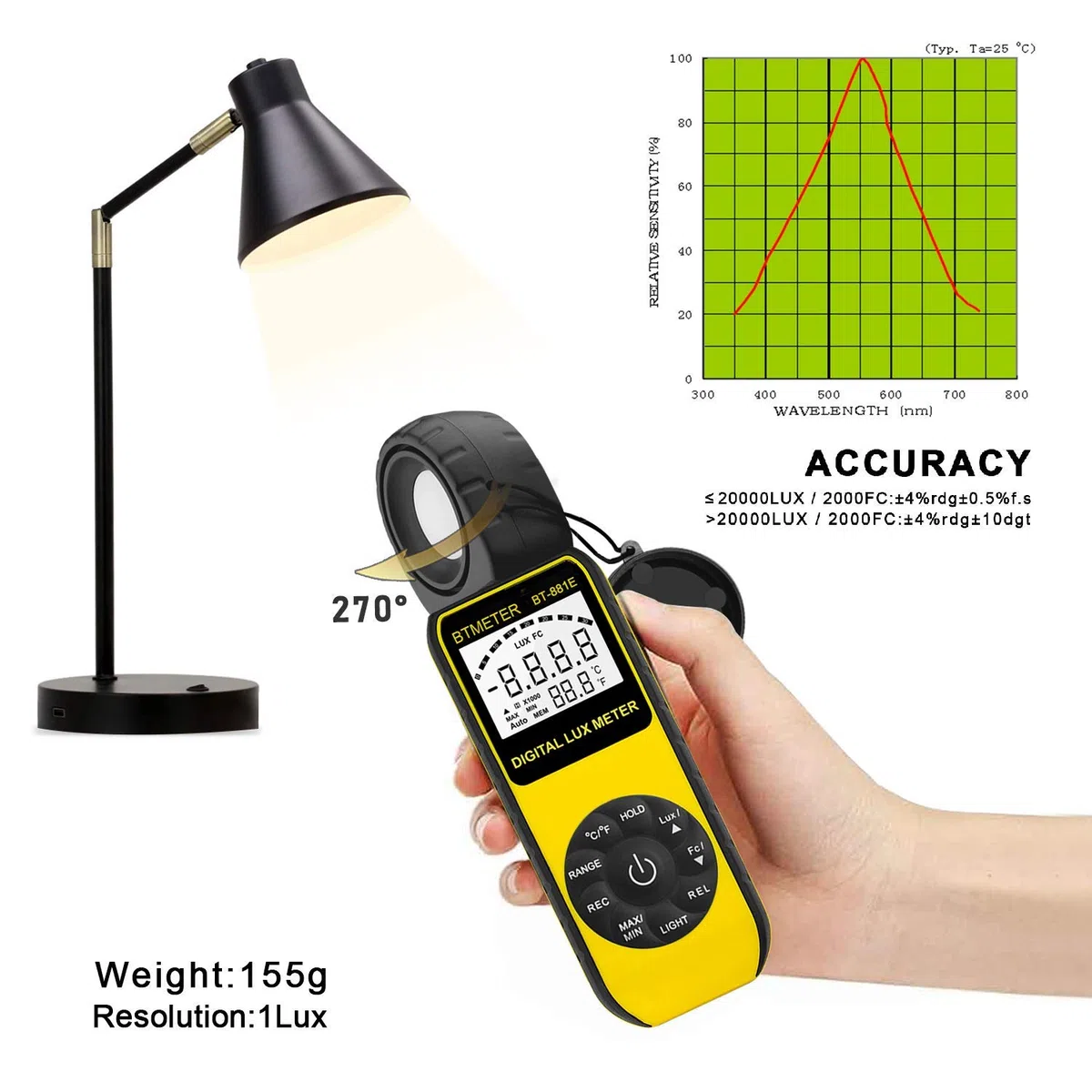 Luxmetro Digital, BTMETER BT-881E Misuratore di Luce Misura 0,01~300,000 Lux/FC, Luxometri Portatile Misuratore Lumen con Temp Ambientale e Schermo Retroilluminato per Piante, Esposimetro, Fotografico