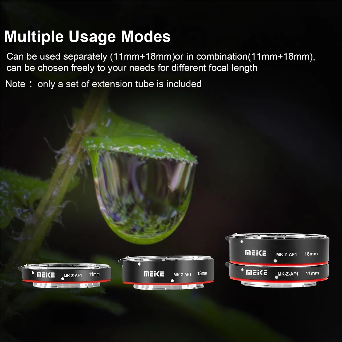 Meike MK-Z-AF1 Set di tubi di prolunga per macro con messa a fuoco automatica in metallo (11 mm + 18 mm) compatibile con Nikon Z5 Z6 Z6II Z7 Z7II Z50
