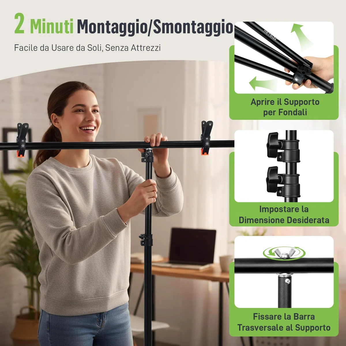 Sfondo Fotografico Bianco con Supporto 2x2 m / 1,5x2 m – Kit Fondale Bianco con 4 Clip per Studio Fotografico, Ritratti e Fotografia di Prodotti