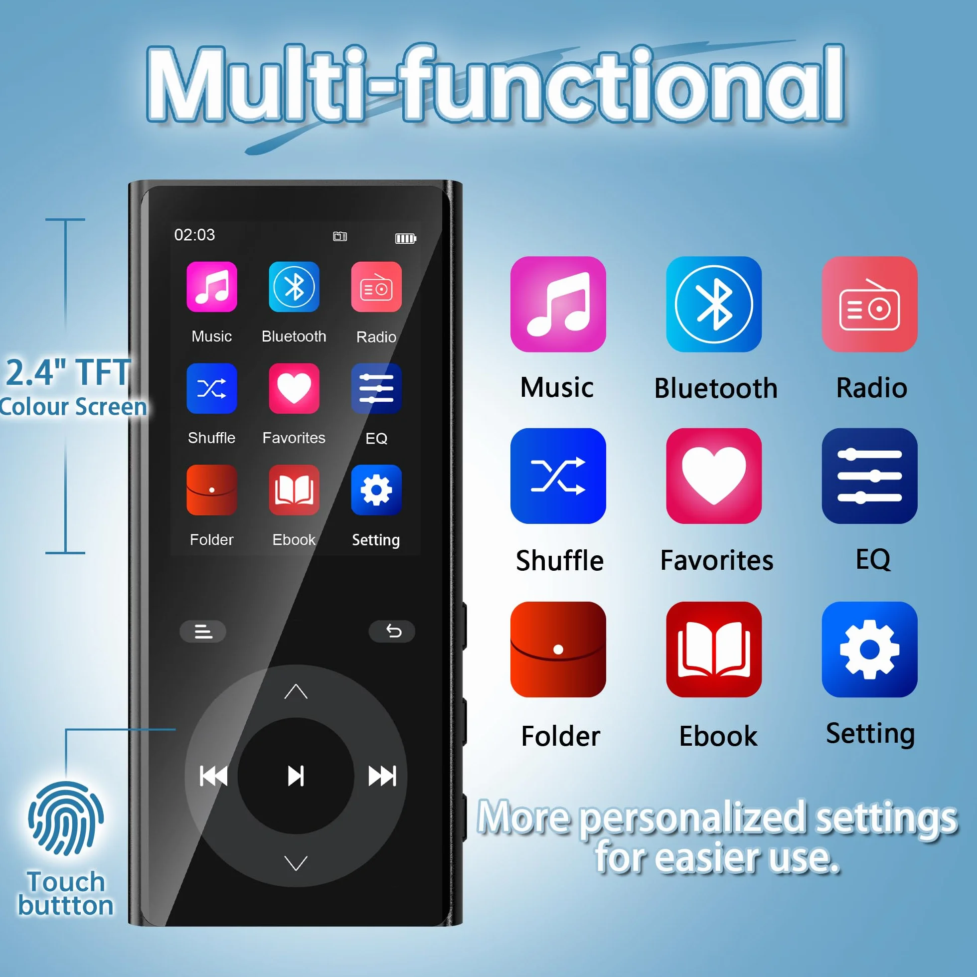 90 GB Lettore MP3 Bluetooth 5.3, MP3 Player con 2 slot per schede TF | schermo a colori da 2,4", pulsante touch, lettore MP3 con altoparlante audio HiFi, fino a 256 GB supportati