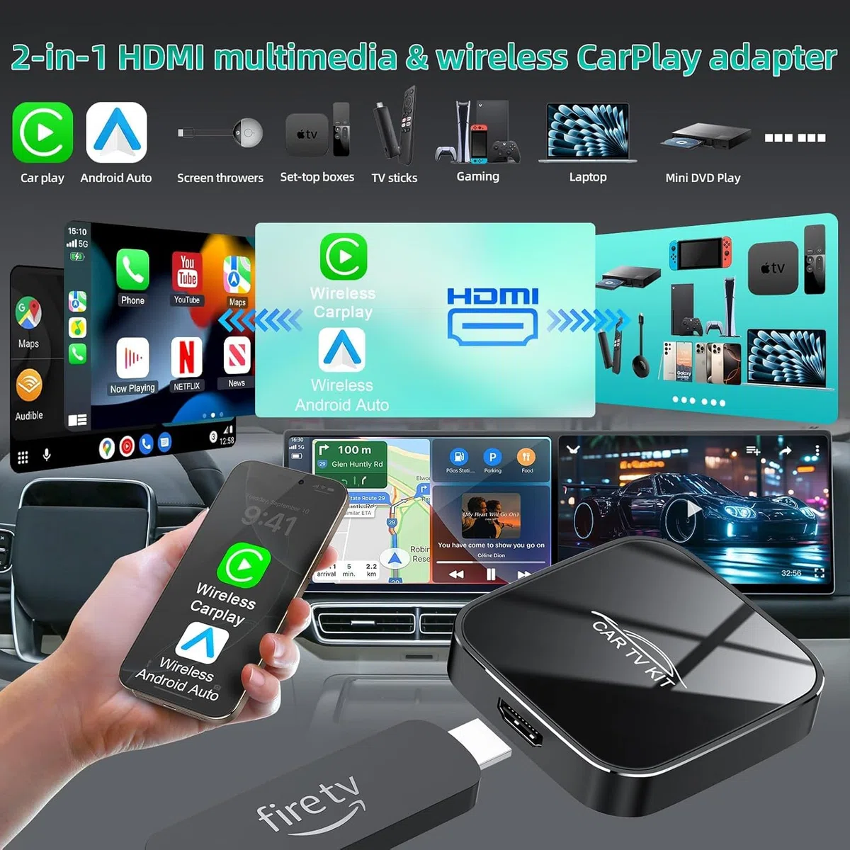 3 in 1 Car TV Mate Pro con Wireless CarPlay & Android Auto Adapter, Convertitore HDMI Multimedia TV Stick, Streaming da Fire T V/Console/YouTube/Netflix in auto per CarPlay cablato