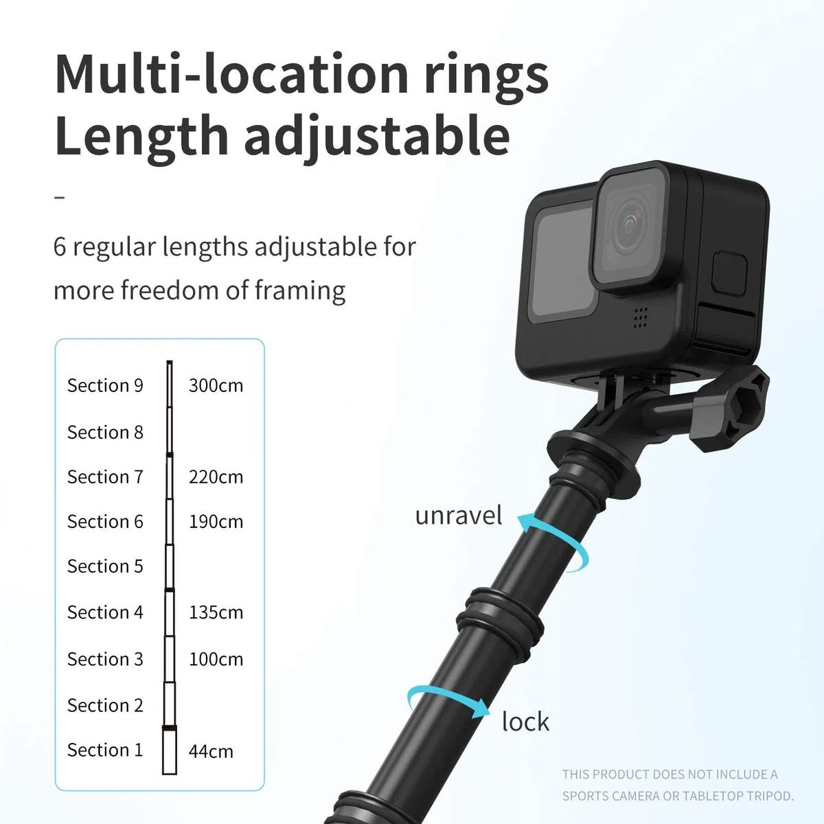 TELESIN 300cm Invisible Selfie Stick, Monopiede Retrattile in Fibra di Carbonio, Bastone Selfie Stick per Go Pro Hero 13 12 11 10 9 8 DJI Osmo 360 Action 5 Pro 4 3 Insta360 X5 X4 X3, ecc