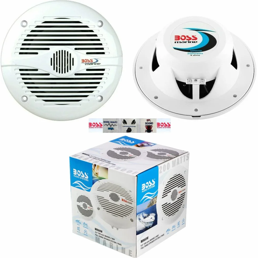 2 altoparlanti marini KIT PER BOSS AUDIO MR60W 2 vie 6,5" 16,50 cm 165 mm 100 watt rms 200 watt max impermeabili mare piscina barca, a coppia + 5 sticker omaggio
