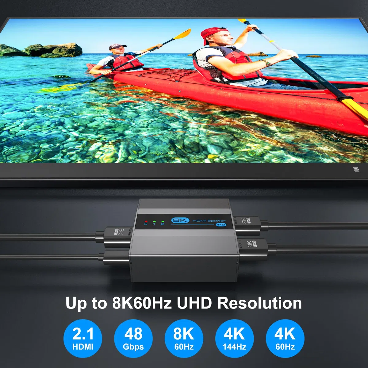 VEDINDUST 8K60Hz Splitter HDMI 4K120Hz Sdoppiatore 1 Ingresso 2 Uscite for Dual Monitors Supporto HDCP 2.3 EDID HDR10 PC TV XBox DVD PS5 PS4 ecc