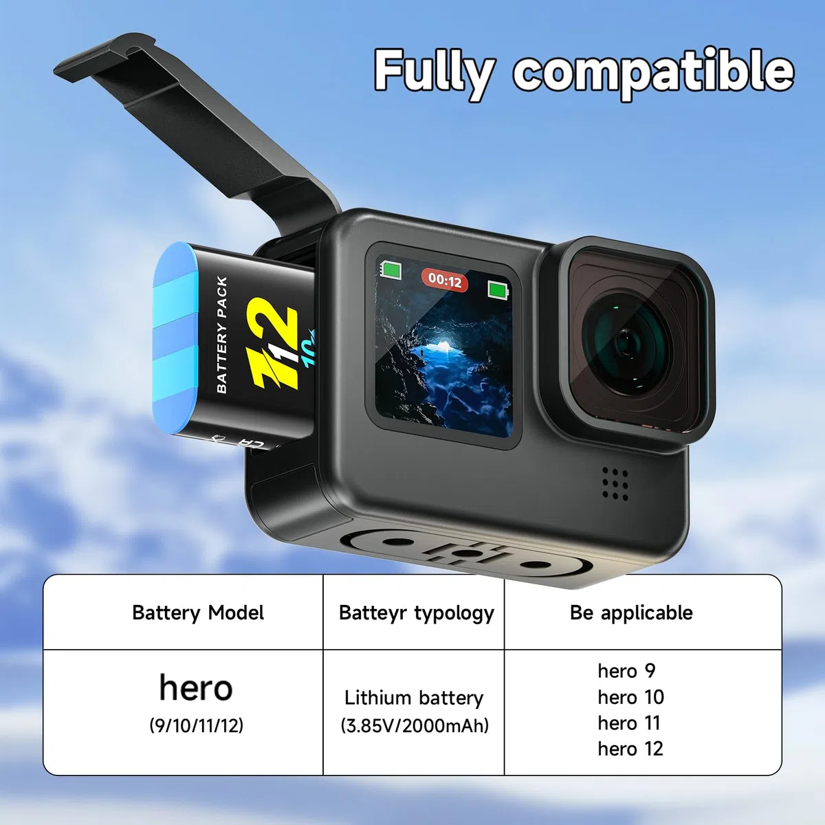 3 Hero 12 batterie 2000mAh con caricatore per Go-Pro Hero 12/11/10/9 Black, 3 canali, con display LCD, slot per schede TF, adatto a basse temperature, formato tascabileg