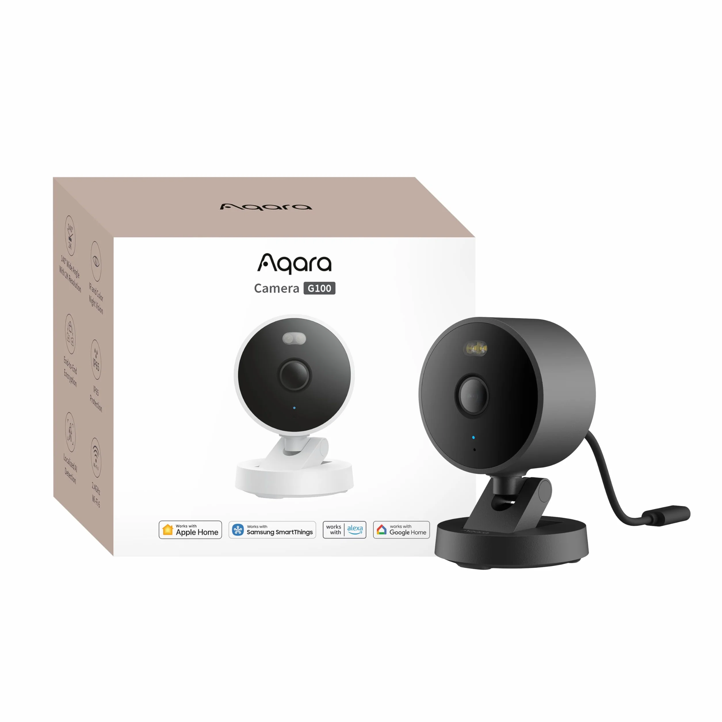 Aqara G100, Telecamera di Sicurezza 2K per Interni/Esterni, HomeKit Secure Video, Audio Bidirezionale, Visione Notturna a Colori, Rilevamento AI, Wi-Fi 6, Supporta HomeKit, Alexa, Google e IFTTT, Nera
