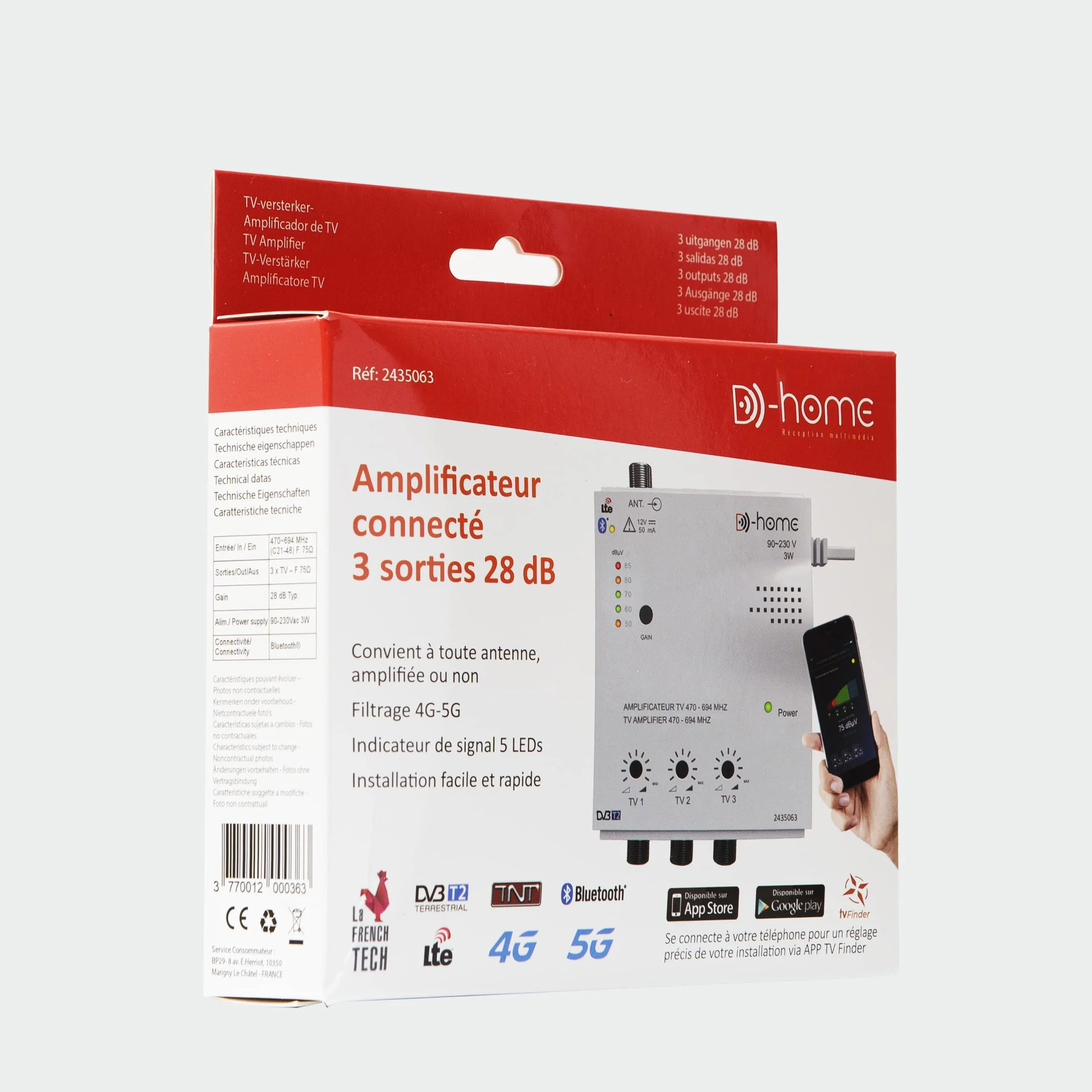 D-Home - Amplificatore TV TNT da interno 3 uscite 28dB Collegato Filtro 4G-5G - Funziona con l'app mobile TV Finder per trovare il miglior segnale disponibile. Per qualsiasi antenna