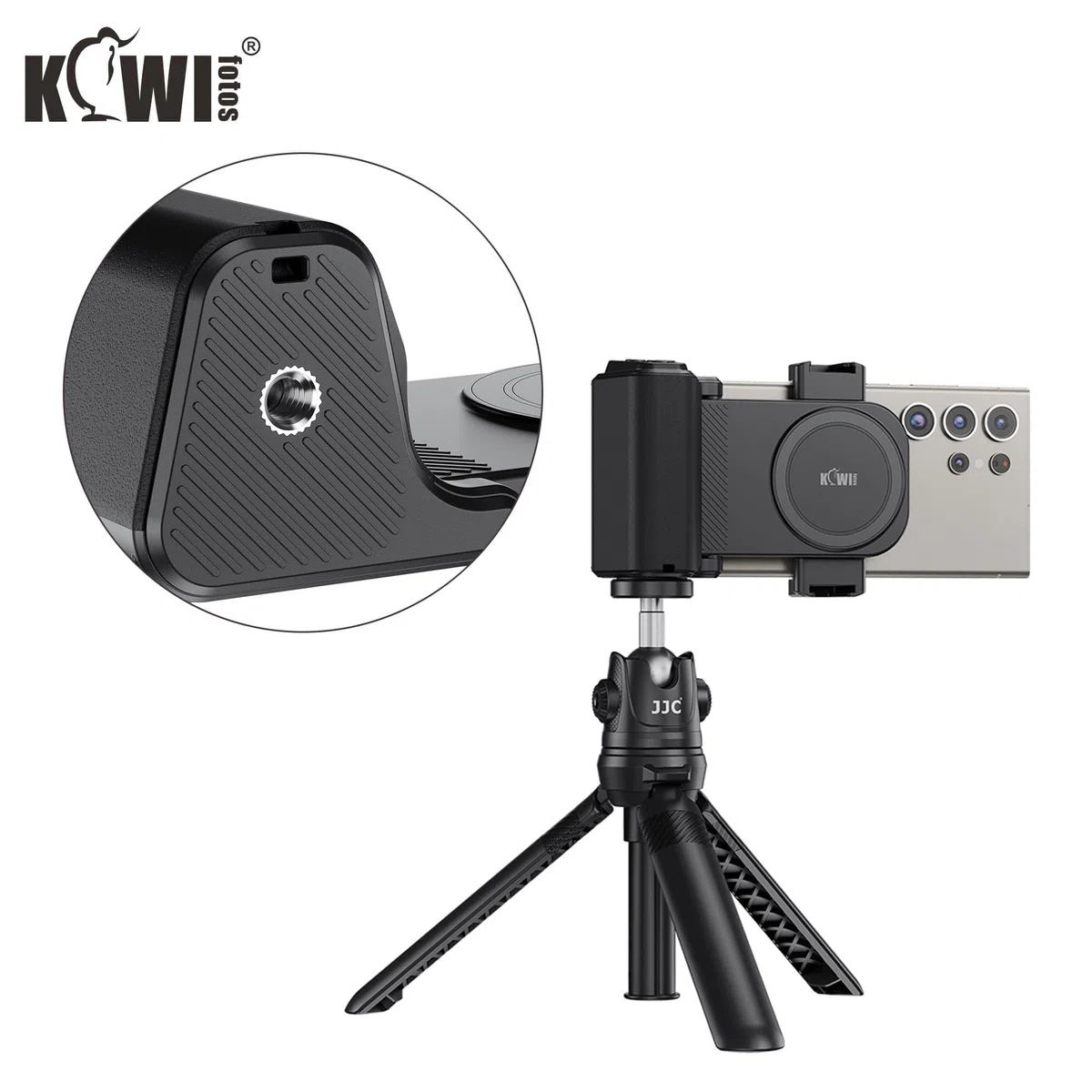 KIWIFOTOS Impugnatura Grande Smartphone Grip con Wireless Telecomando Bluetooth, Registrazione Vlogging Riprese per Telefoni Android e iOS Larghezza 59-85mm