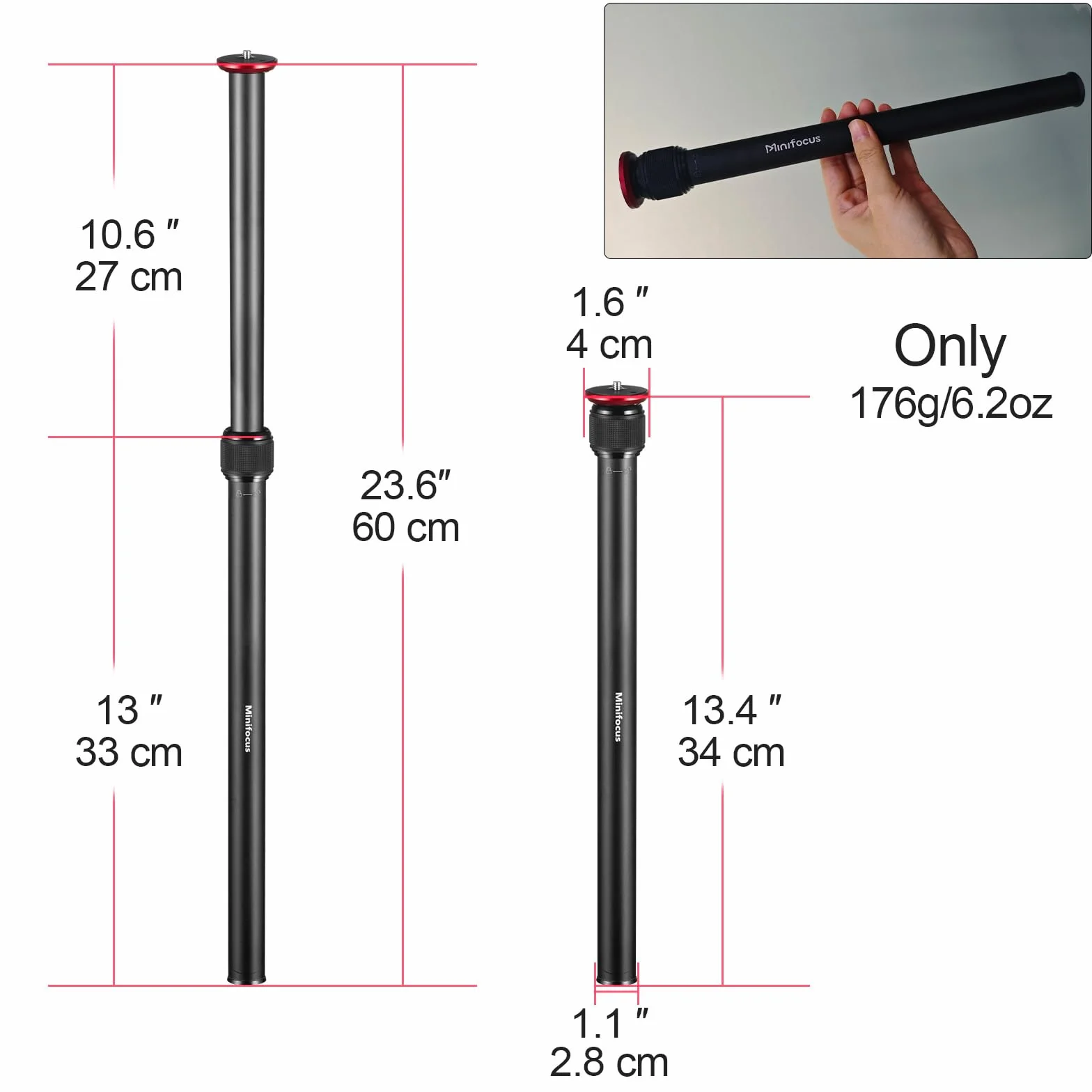 MINIFOCUS Prolunga per treppiede, colonne centrali a 2 sezioni, in lega di alluminio da 59,4 cm, asta telescopica con vite da 1/4" 3/8", compatibile con treppiedi/giunto cardanico/fotocamera, carico