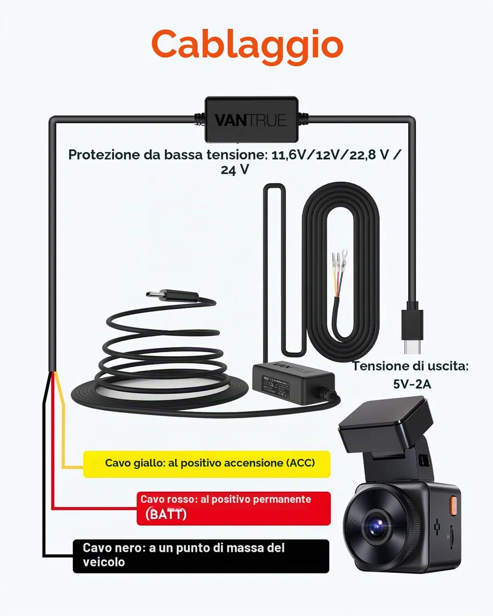 VANTRUE N5 4-Canali STARVIS 2 Dash Cam 5GHz WIFI GPS, 1944P/2.5K + Tripla 3HDR 1080P Telecamera per auto,VANTRUE Kit cablaggio USB-C regolabile con 2 stadi per Dashcam N5/N4/E3/E2/E1/N2S/N2 Pro, da 12