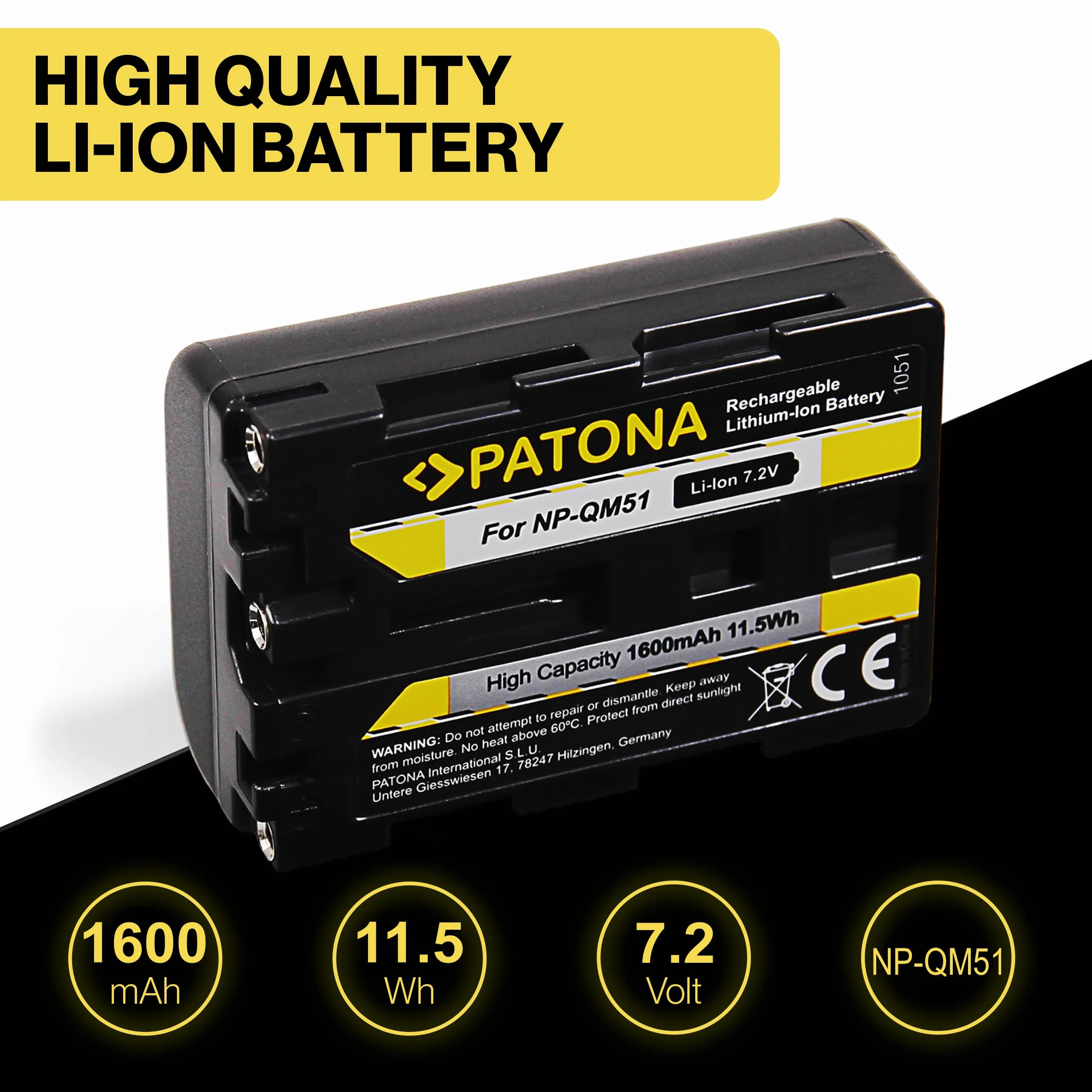 PATONA 2x NP-FM50 NP-QM51 Batteria 1600mAh compatibile con Sony Camcorder NP-FM30 FM50 FM70 FM90 QM51D QM71D QM91D CCD-TRV106K 108 116 128 DCR-DVD91 100 200 DCR-HC14 TRV6 TRV8 NPFM50 QM51 FM50