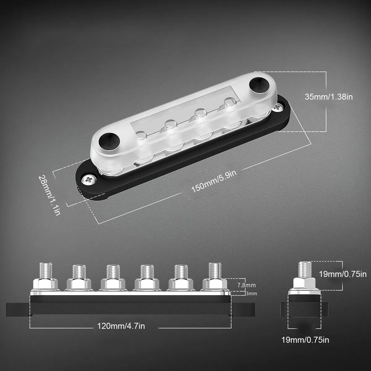 Blocco di Distribuzione alimentazione, 2 Barre Collettrici per Batteria 150 A 12 V A 48 V, Morsettiera per Sbarre Collettrici M8 A 6 con Coperchio