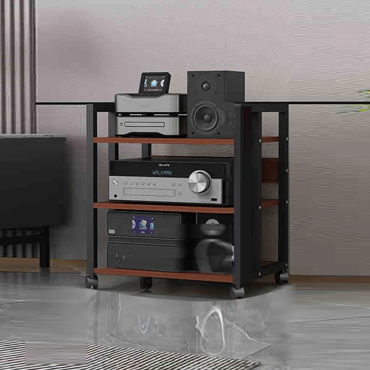 Soporte para equipos audiovisuales con ruedas y amplio espacio de almacenamiento. Soporte para tocadiscos y equipo de música con 6 niveles. Fácil de montar para el hogar, la oficina y el cine en cas