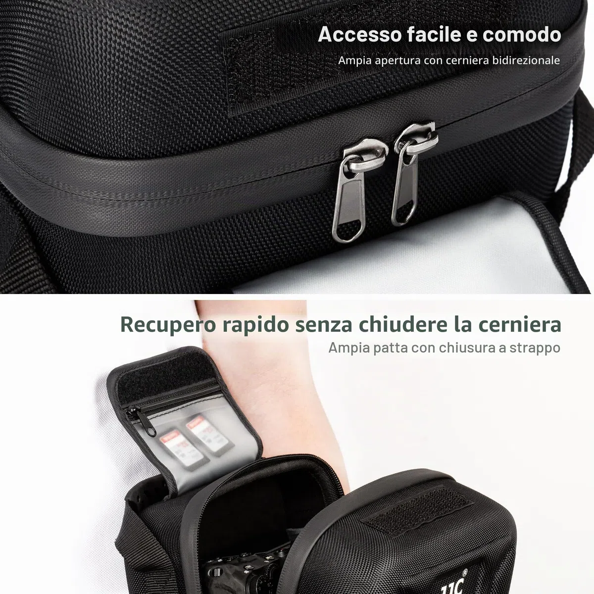 JJC Custodia rigida antiurto per fotocamera, accesso rapido, chiusura con cerniera, per Nikon Canon, Sony, Olympus e altri, con interno imbottito, manico in gomma, tasca con patta in velcro, Nero,