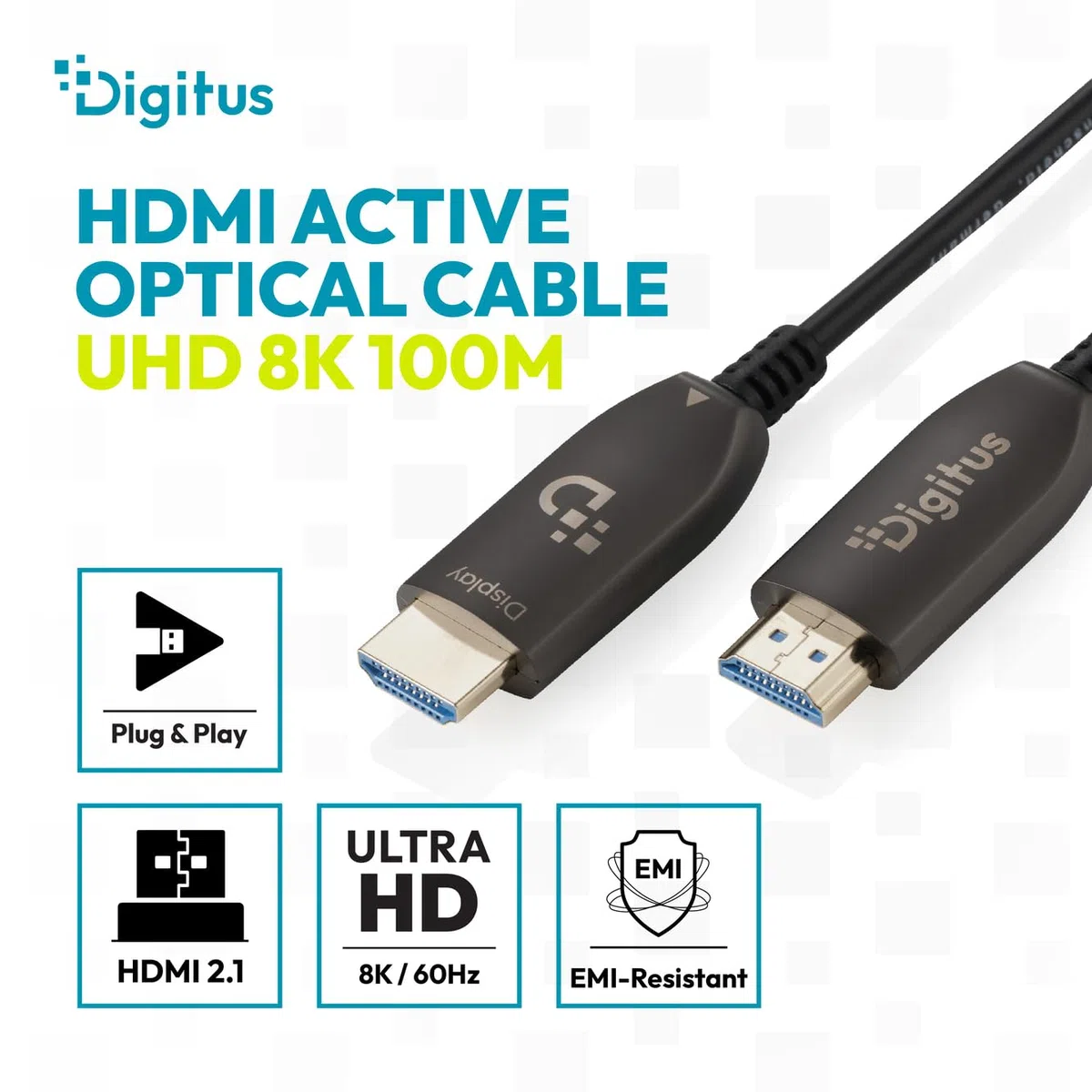DIGITUS Cavo HDMI in fibra ottica – 100 m – UHD 8K 60Hz 4K 120Hz – HDMI 2.1 – 48 Gbps – eARC, HDR, HDCP 2.2, CEC – Cavo ibrido AOC – Contatti placcati in oro – Nero