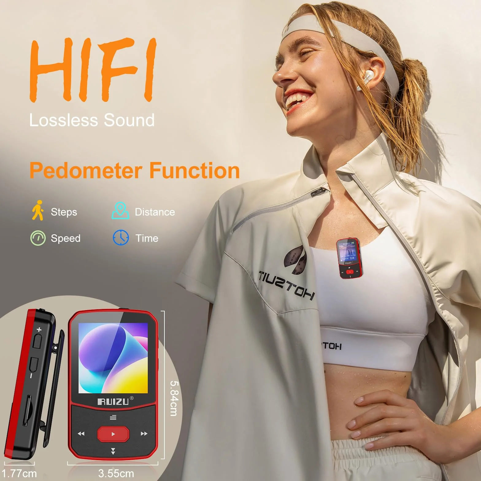 64GB Lettore MP3 Bluetooth 5.3, HiFi con Clip Sportiva, MP3 Bambini con Volume Indipendente, Radio FM, Auricolari Inclusi, supporta una scheda SD fino a 128 GB